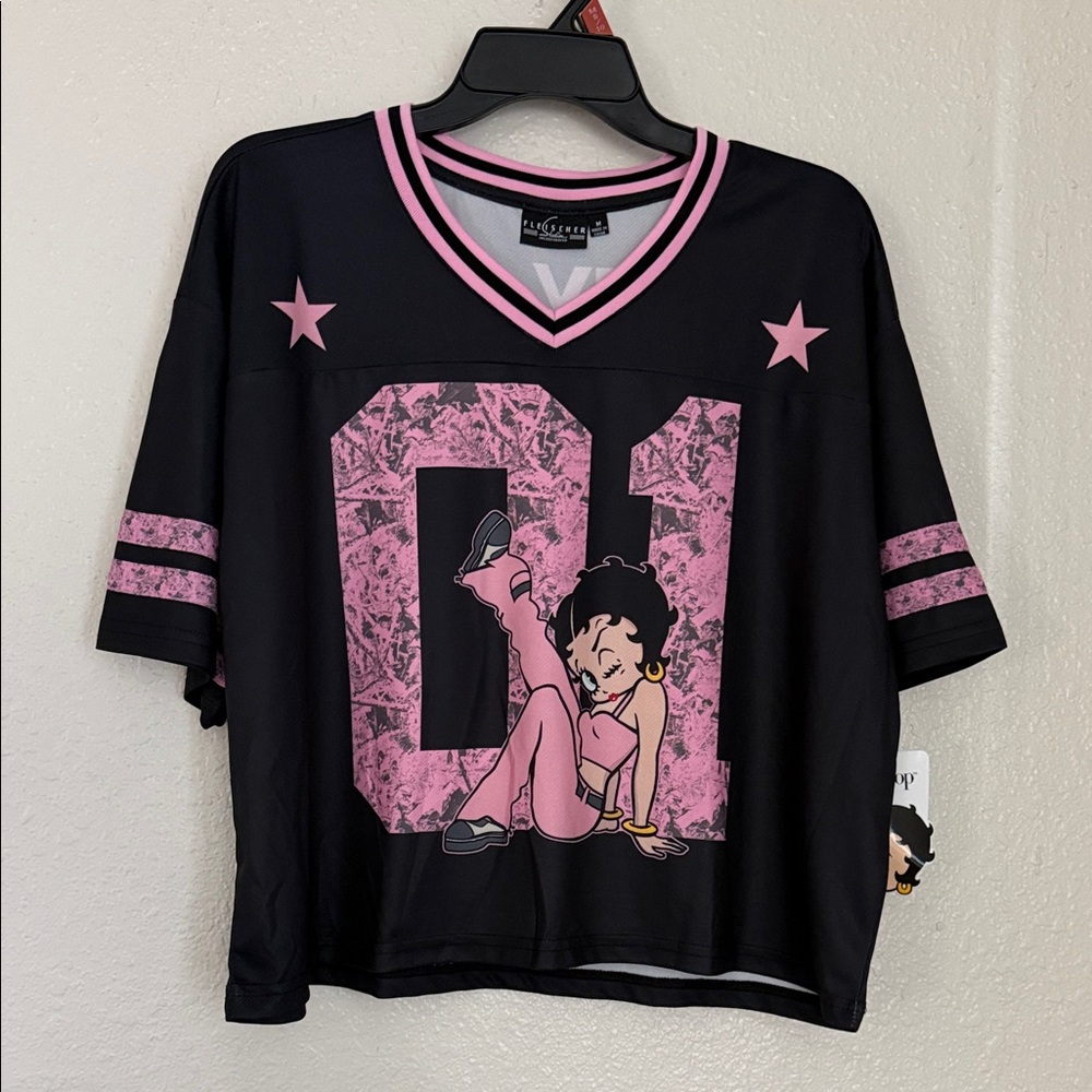 Betty Boop Black and Pink Graphic V-Neck Short Sleeve Tee
